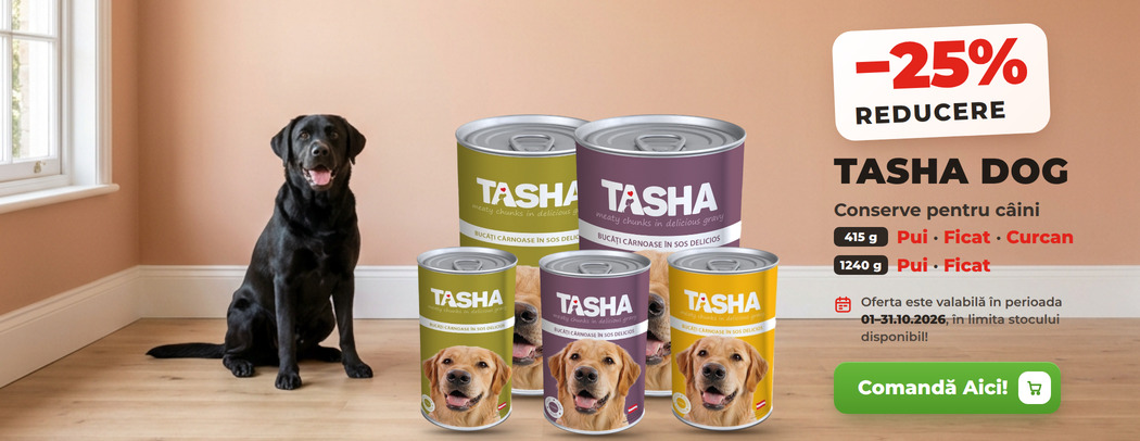 Oferta conserve Tasha Dog Pui, Ficat, Curcan 415 g și Pui, Ficat 1240 g – 25% reducere